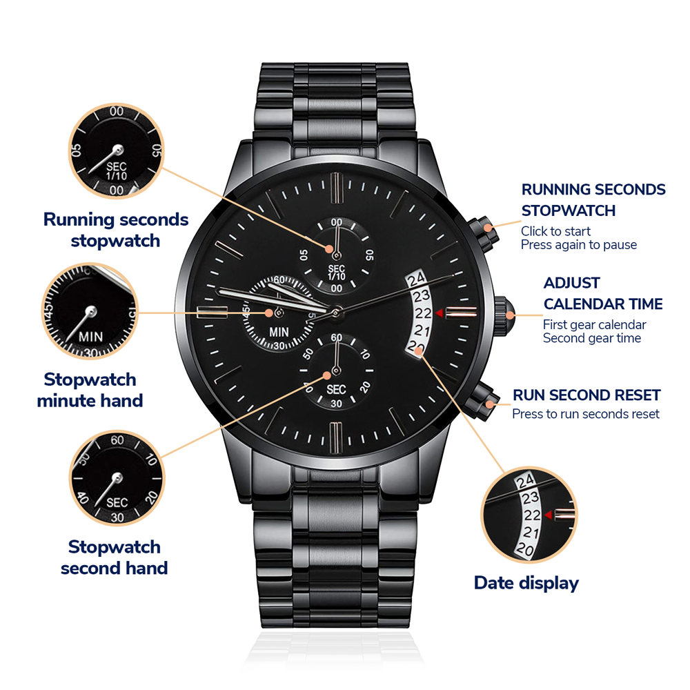 Non-Message Card Black Chronograph Watch with Engraving