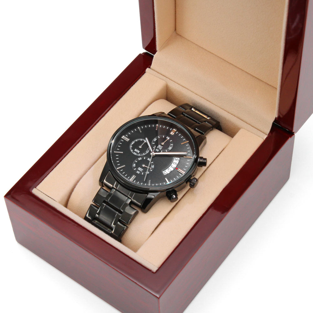 Non-Message Card Black Chronograph Watch with Engraving