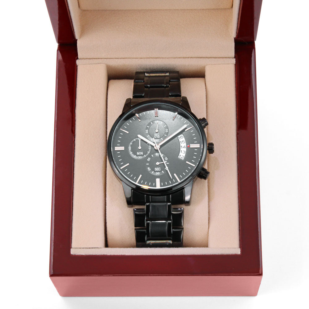 Non-Message Card Black Chronograph Watch with Engraving