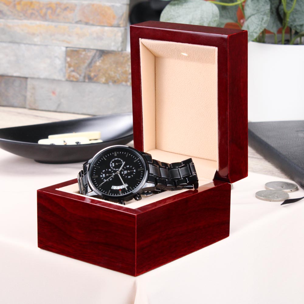 Non-Message Card Black Chronograph Watch with Engraving